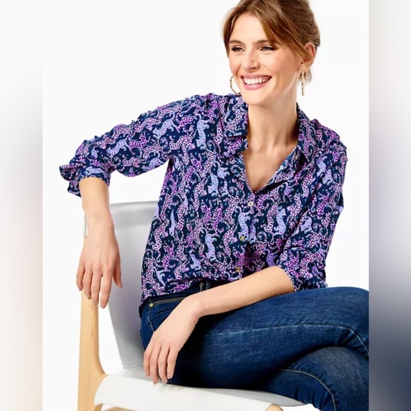 Lilly Pulitzer Womens Sea View Button Down Top Oyster Bay Navy on the Catwalk XS - Picture 1 of 9